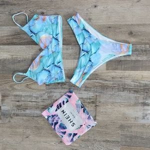 NWOT Shein Medium Swimsuit Bikini Blue Marble High Waist
